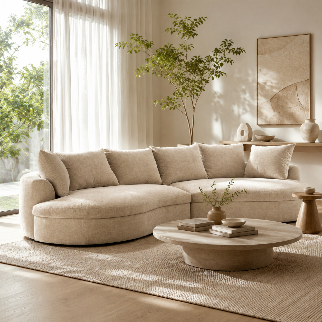 Sunlit beige sofa in a warm, natural interior